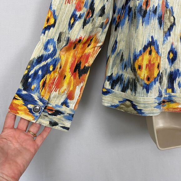 Chicos Jacket 2 Linen Blend Southwestern Aztec Trucker Art to Wear Colorful M L - Picture 5 of 14
